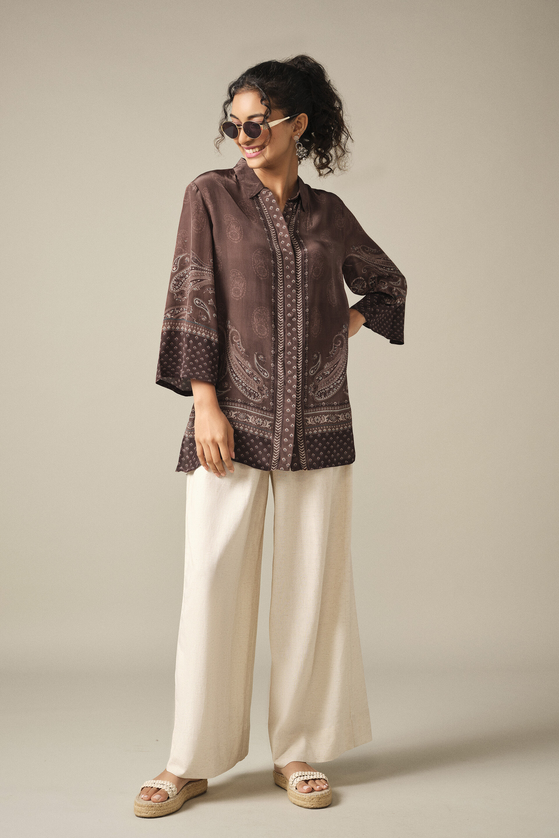 Paisley Printed Relaxed Shirt in Brown, Brown, image 4